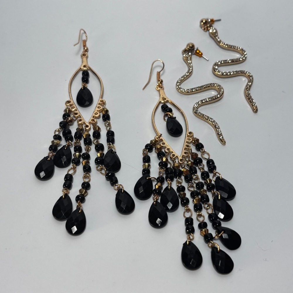 Earring Set Gold Black Chandelier Beaded and Rhinestone Snake Drop Earrings Goth